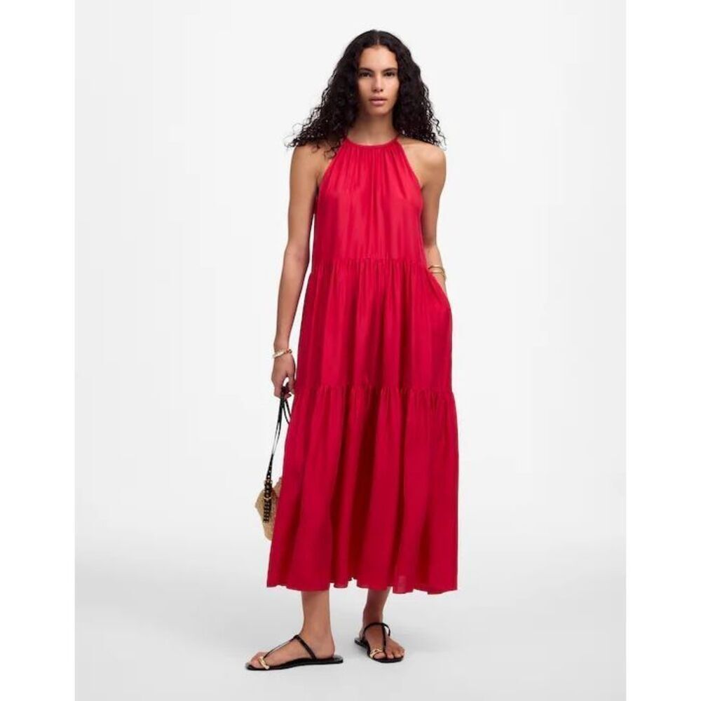 Madewell Habotai Silk Tiered Halter Dress Watermelon Red Size M NWT